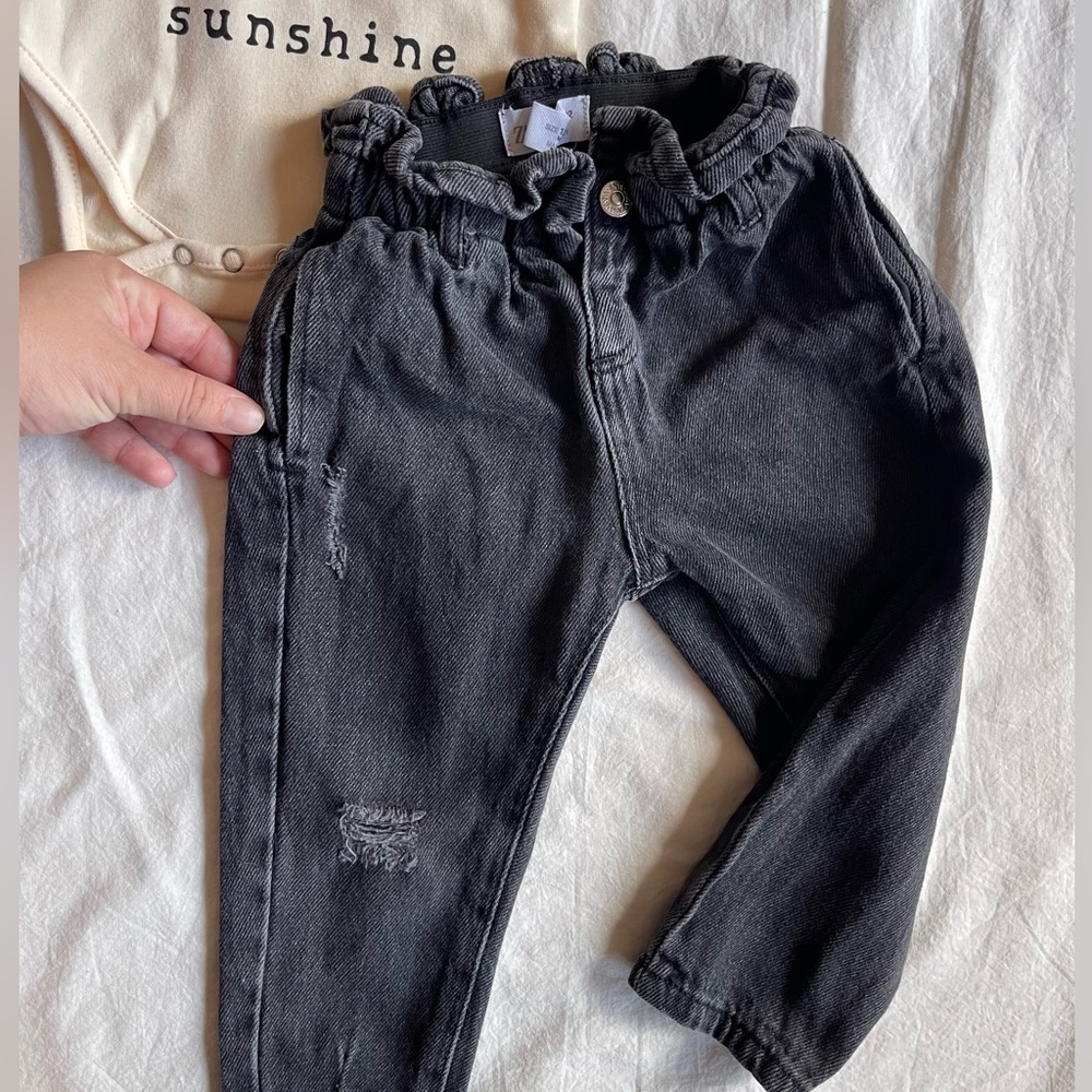 Zara baby 12-18 months distressed charcoal jeans stretchy waist high-rise jeans